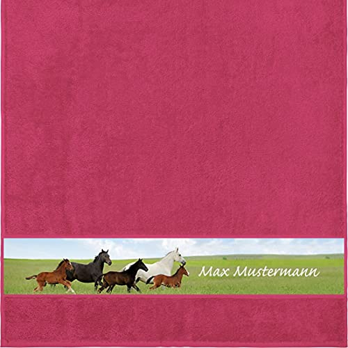 Manutextur Duschtuch mit Namen - personalisiert - Motiv Pferd 2 - viele Farben & Tiermotiven - Dusch-Handtuch - Fuchsia - Größe 70x140 cm - persönliches Geschenk mit Wunsch-Motiv und Wunsch-Name