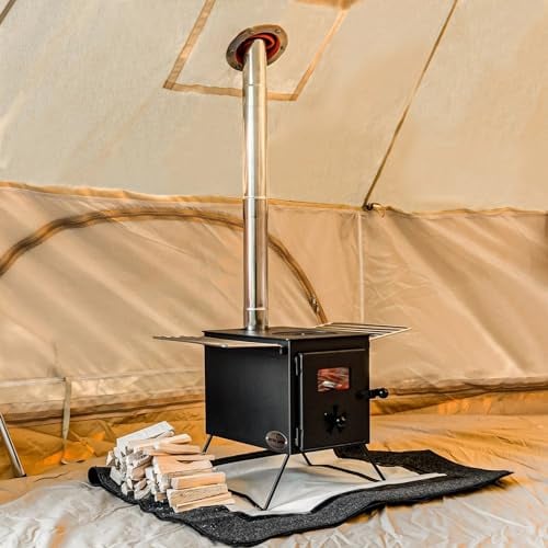 Boutique Camping Wood Burning Stove With Grills - Hot Tent Heater Portable Wood Fired Cooker for Outdoor Cooking and Heating | Stainless Steel Chimney and Steel Grills