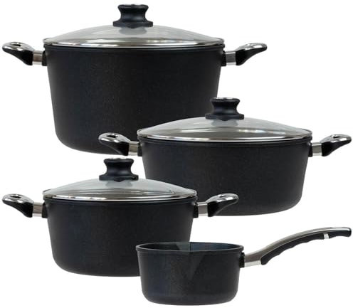 BAF Kochtopf Set Induktion 7-tlg. Kochtopf 24 cm + 28 cm, Gemüsetopf 28 cm & Stieltopf 18 cm - Topfset Aluguss beschichtet - Made in Germany