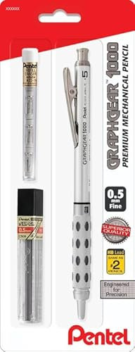 Pentel GraphGear 1000 Porte-mine mécanique automatique 0,5 mm avec recharges de mine et gomme – Poignée métallique ciselée avec coussinets souples