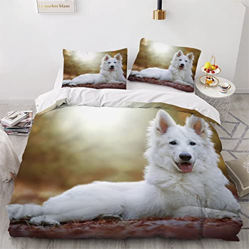 Bettwäsche 135x200 Weißer Schweizer Schäferhund Bettbezug Set 3 teilig Haustier Welpe Bettwaren 3D Druck Weich Microfaser Bettbezüge mit Reissverschluss Kinderbettwäsche mit 2 Kissenbezug 80x80cm
