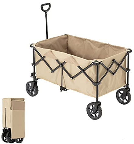 WHYUNM26 Zusammenklappbarer Trolley, Zusammenklappbarer Camping-Einkaufswagen, Tragbarer Allzweckwagen, Stahlrohrhalterung, Verstellbarer Rollwagen für Picknicks Am Strand,Beige(195L)
