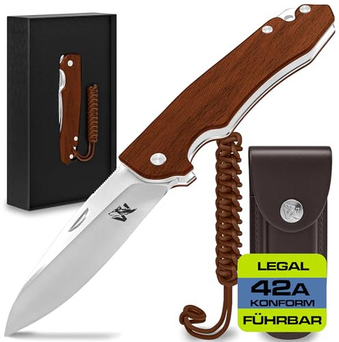 Wolfgangs CORVUS Zweihandmesser Klappmesser aus feinstem D2 Stahl und Ebenholz-Griff - Legale mitführbares Taschenmesser Klappmesser - Outdoor Survival Messer - Klappmesser Outdoor + Leder Holster