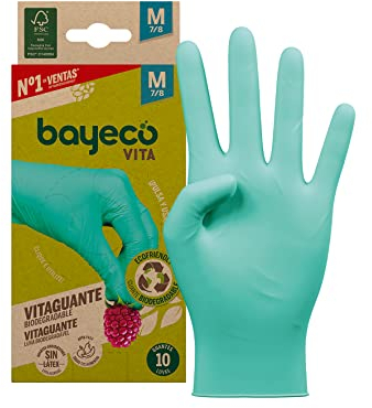 Bayeco Vitagant Lot de 10 gants jetables biodégradables en nitrile Vert Taille M 100% durables Sans poudre et sans latex Texturés sur les doigts pour une meilleure prise en main