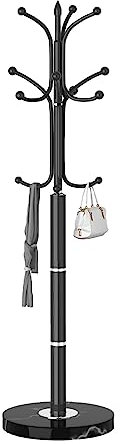 Snaikor Porte-manteau en métal autoportant, robuste avec base en marbre naturel, porte-manteau moderne noir, support pour chapeaux, support pour entrée, couloir, bureau (12 crochets)
