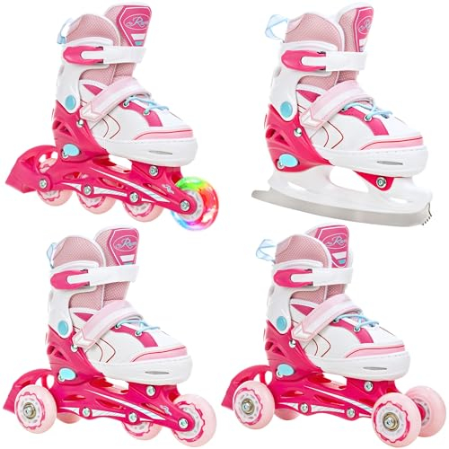 RAVEN 4in1 Inline Skates Triskates Rollschuhe Schlittschuhe Inliner für Kinder Mädchen verstellbar (Lia Pink, 27-30 (16,5cm-18,5cm))