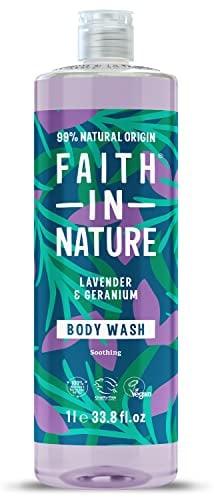 Faith In Nature 1L Natural Lavender & Geranium Body Wash, Relaxing Shower Gel, Vegan and Cruelty Free, No SLS or Parabens, Family Sized