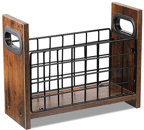 Lounsweer Zeitschriftenhalter, Schreibtisch-Zeitschriftenständer, rustikaler Korb, Bauernhaus, Metall und Holz, platzsparend, Organizer für Büro, Zuhause, Aktenbuch, Briefe, Zeitungen, Retro-Braun, 1