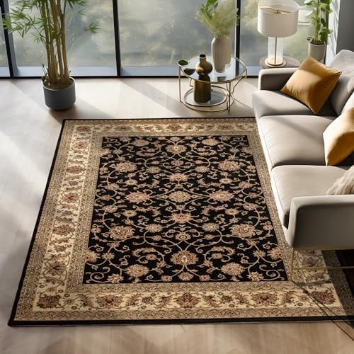 Orientalischer Teppich Wohnzimmer, Schlafzimmer, Esszimmer, Läufer, Flur Boho Teppich Kurzflor Weich 12 mm Carpet Orient, Schwarz, 200 x 290 cm