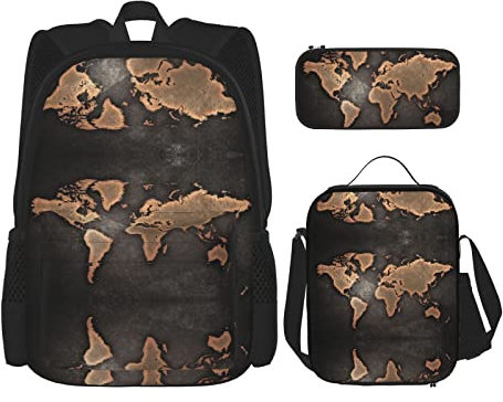 BAAROO Rust-Weltkarten-Rucksack+Lunch-Tasche+Federmäppchen-Set, Kombination, bedrucktes Polyester-Segeltuch für Schule, Arbeit, Reisen, farbe, 5.0cm*10.5cm*20.5cm, federmäppchen