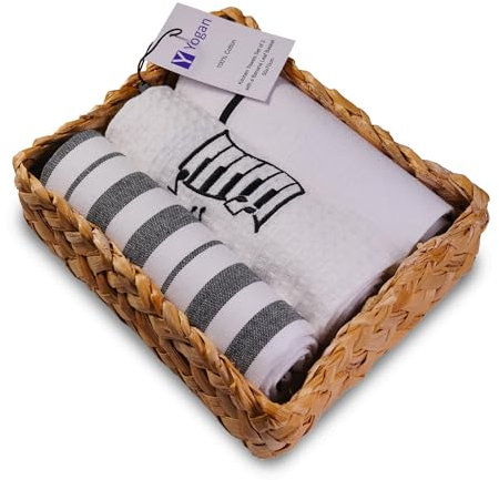 YOGAN Lot de 3 torchons de cuisine avec panier en feuilles de bananier | Différents motifs (froissé, gaufré et teint en fil) | Super doux | Super absorbants | Non pelucheux | Designs uniques