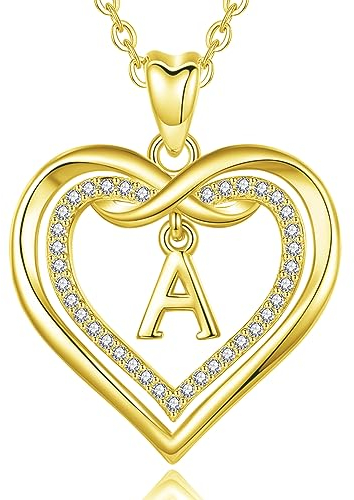 AEONSLOVE Buchstaben Kette A Vergoldete Kupfer Herz Buchstaben Anhänger Halskette mit Namen Namenskette Damen Frauen Mädchen Initialen Alphabet Schmuck Geschenk