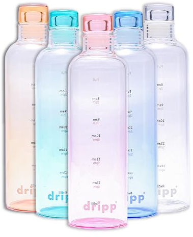 DRIPP 500ml Glass Water Bottle BPA-Free Leak Proof Ideal for School Home Office Travel Sport Yoga Gym Hot Cold Drinks Motivational Drinking Bottle with Time Markings (Pink)
