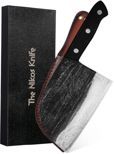 The Nikos Knife Cuchillo de chef serbio – Cuchillo de carnicero de espiga completa de acero de alto carbono forjado a mano de 6.7 pulgadas con mango de madera – Cuchillo de cocina afilado – Funda de