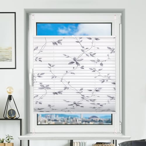 Plissee Verdunklung mit Muster Weiß-Weidenblätter 85x100cm(BxH) Plissee ohne Bohren Klemmfix Verdunklungsplissee Thermo Plisseerollo 100% Blickdicht Rollos für Fenster & Tür