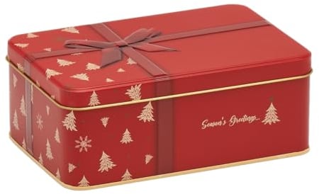 Vintage Style Rectangular Hinged Lid Biscuit Cookie/Cake Christmas Tin - Season's Greetings Ribbon Design - Red - 19 cm