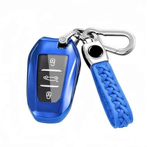 MEDZUK Coque Clé Compatible avec Peugeot 208 II e-208 2020-2024 2025 Coque de Protection pour clé de Voiture TPU, Accessoire Étui pour Clés avec Porte-clés (Bleu)