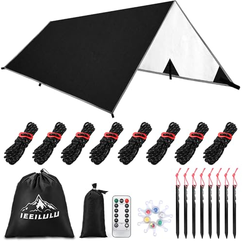 IEE ILULU Toldo de Refugio Camping, 3x3m Tiendas de Campaña, Tarp Impermeable Exterior, Anti-Viento Toldos con 6 Estacas y 6 Cuerdas para Piscina Jardín Pesca Senderismo Mochila (Negro, 3x3m)