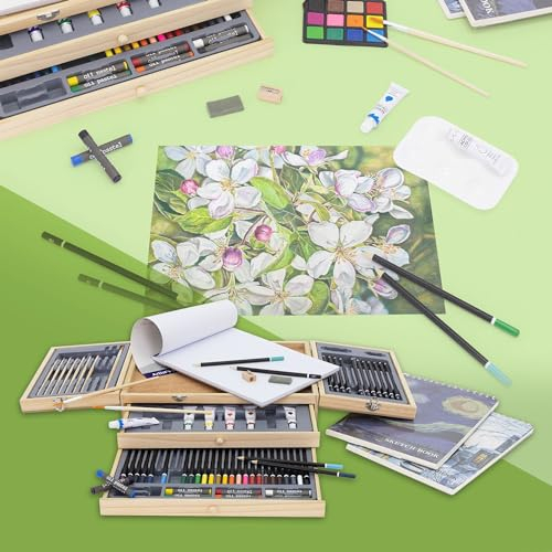 ECD Germany Estuche de Pintura de 85 Piezas con Maletín de Transporte de Madera Incorporado Kit de Arte Portátil Profesional Incluye 3 Blocs de Dibujo Bloc Acrílico y Accesorios Estuche de Ilustración