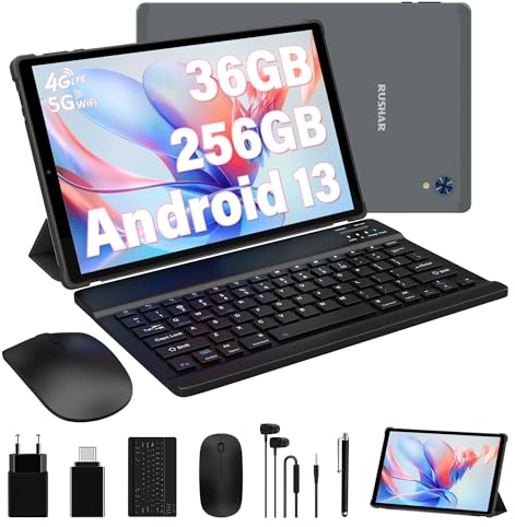RUSHAR Tablet 10.4 Pulgadas Android 14 con 36GB RAM+256GB ROM (2TB TF),Tablet 4G LTE/SIM+5G WiFi,Octa-Core 2.0GHz,INCELL 2000 * 1200,8000mAh,13MP+8MP,Tablet con Teclado etc,GPS/Bluetooth,Gris