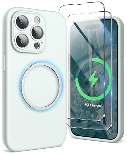 SURPHY Magnetic Case for iPhone 15 Pro Case with Screen Protector, Liquid Silicone Anti-Scratch Compatible with MagSafe Gel Rubber Phone Case for iPhone 15 Pro 6.1 inch (Soft Mint)