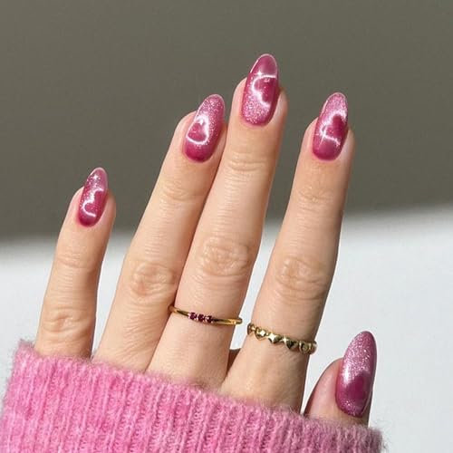 Pink False Nails - Cat Eye Press on Nails - 24 Pcs Full Cover False Nails Pink Almond Stick on Nails - Fake Nails Stick on Nails for Women and Girls Nail Art