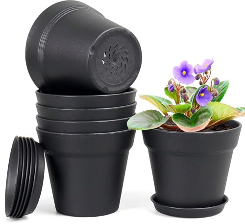 Homeuouz 6 Packs Blumentopf mit Untersetzer, 17.8cm Pflanzentopf, Plastik Übertopf mit Mehrere Ablauflöchern, Hydrokultur Topf, Blumentöpfe Set Ideal für Innen und Balkongärten,Schwarz