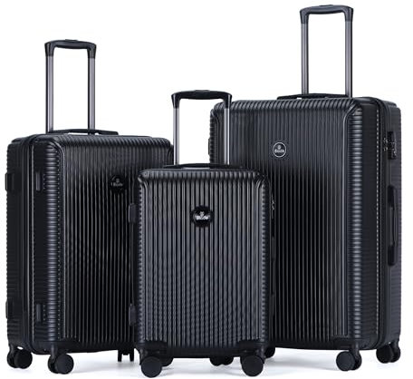 Blade Kofferset 3 Teilig - Hartschalen Koffer Trolleys - Leichter Rollkoffer Handgepäck aus ABS mit TSA Schloss - 4 Spinnräder Koffer - 3er Reisekofferset (Schwarz-Set)