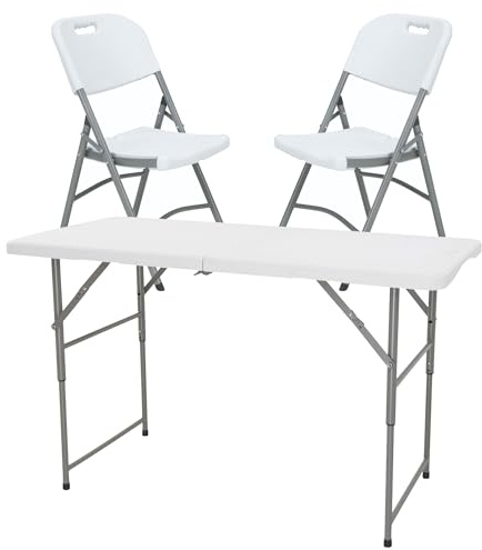 Klapptisch höhenverstellbar 122 x 60 x 50-74 cm und Set mit 2 Klappstühlen 51 x 45 x 85,5 cm, ideal für den Außenbereich