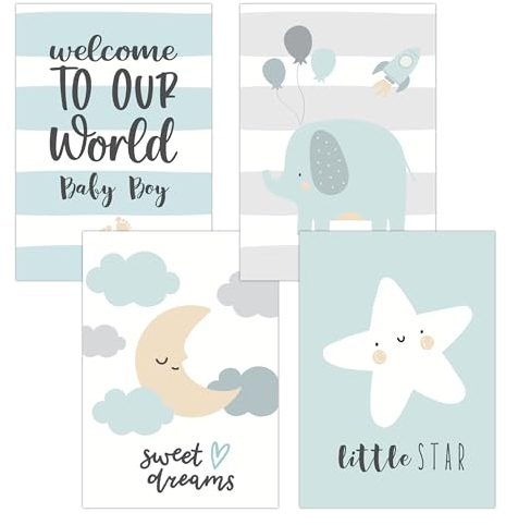 FAVELOT Poster Kinderzimmer Jungen A4 - Elefant, Mond, Baby-Blau - Bilder Babyzimmer Deko - Deutscher Premium-Druck - 4er Set Din A4