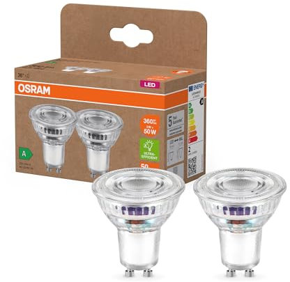 OSRAM Energy Class LED-Reflektor-Lampe PAR16 mit 2 W, 360 lm, warmweiß (2700 K) aus klarem bleifreiem Glas mit GU10 Sockel in der Energieeffizienzklasse A, 50 mm Durchmesser, IP20,6-Pack