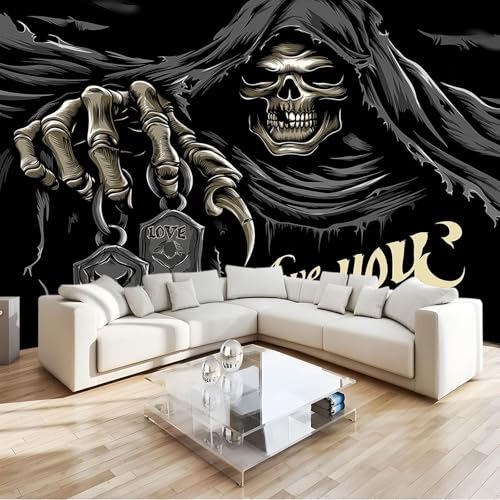 Fototapete 3D Effekt Sensenmann Tattoo Totenkopf Gothic 200x140 cm Vliestapete Wohnzimmer Schlafzimmer Vlies Tapete Art Wandtapete UV-Beständig Wanddekoration Tapete