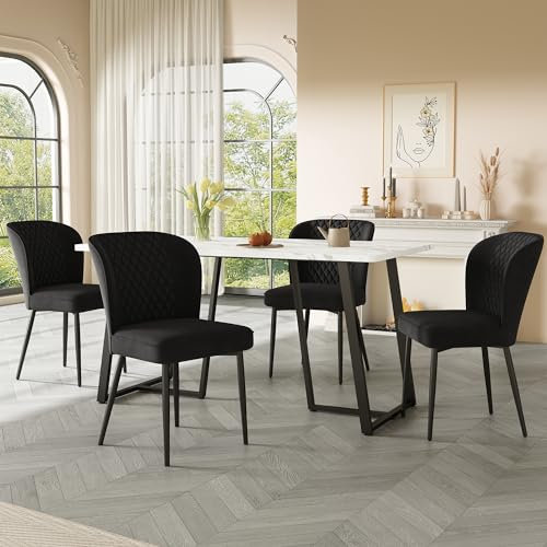 VSOGA Moderna mesa de comedor con diseño de mármol, 140 x 80 cm, mesa de cocina con patas ajustables, estructura de metal en color blanco y negro