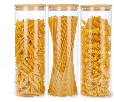 Neo Set of 3 Clear Cylinder Spaghetti Glass Storage Jars Containers Canisters with Airtight Lid Kitchen Food Preserving Seal (2200ml)