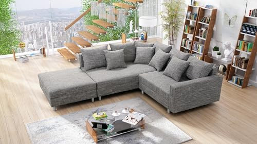 Kuechen-preisbombe Wohnlandschaft Sofa Couch Ecksofa Eckcouch Gewebestoff hellgrau + Hocker Minsk L
