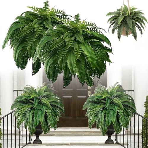 Künstliche Farne für den Außenbereich Hängeampel Groß Gefälschte Pflanzen mit 60 Blättern Faux Farne Outdoor Blumenampel Künstliche Pflanzen für Außen Dekor 2 Stück