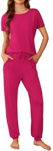 Ekouaer Womens Pyjamas Set Short Sleeve Cute Printed Long Pants 2 Piece PJ Sets Loungewear Sleepwear with Pockets, Hot Pink, S