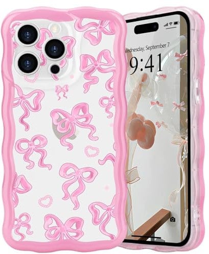L-FADNUT Bow Case for iPhone 14 Pro Max, Curly Wavy Frame Cute Girly Bow Ribbon Pretty Phone Case, Soft Wave Clear Slim Silicone Shockproof Anti-scratch Cover for Women Girl, Pink Bow