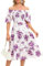 Bbonlinedress Robe Femme Chic et Elégant d'été Imprimée Fleurie à Epaules Dénudées Mi Longue Fluide A-Line pour Plage Casual Cocktail Soirée Bal Top Elastique Manches Courtes White Purple Rose XL