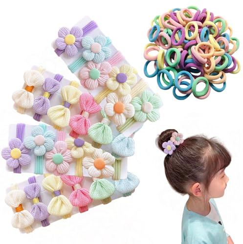 Haargummis Mädchen,124 Stück Nahtlosem Haarschleife mit Blumen und Schleife Satz,Mädchen Haarschmuck Pferdeschwanzhalter für Kleinkinder Babys Mädchen (C Bunte Schleife und Blume Satz)