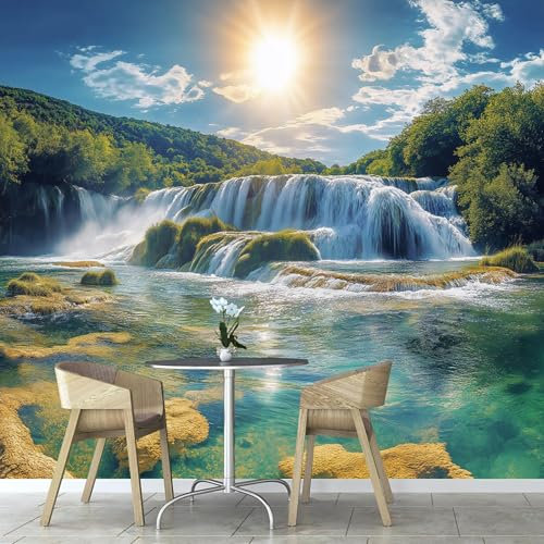 ANALTIRCE Papier Peints Panoramique Nature Cascade,250×175cm Poster Geant Mural Personnalisé 3D, Moderne Murales Thème Soleil Forêt Pour Salon Chambre D'Enfant Décoration Murale