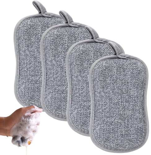 BEPSYOM 4er Set Waschbarer Spülschwamm Topfreiniger Küchenschwamm mit Mikrofaser und 2 leistungsstarken Seiten, Für gründliche Reinigung bei hartnäckigem Schmutz 16x9 cm