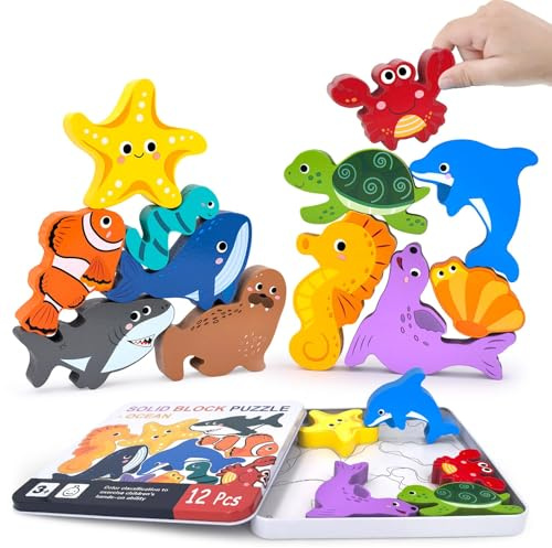 12 Stück Holzpuzzle Meerestiere Puzzle ab 3 Jahre, Holzspielzeug Puzzle, Steckpuzzle Geschenk für Kinder, Kinderpuzzle Holz Greifpuzzle Tiere, Lernspielzeug Pädagogisches für Jungen und Mädchen