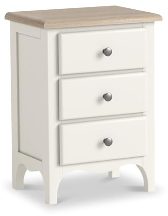 RoselandFurniture Celine Coconut White 3 Drawer Bedside Table | Fully Assembled, Wooden Cabinet with Metal Knobs, Washed Oak Top, French Shabby Chic Style, H62.5cm W45cm D32cm