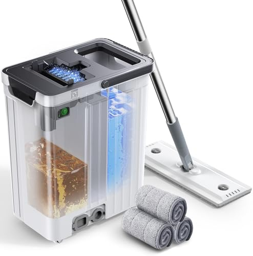 ADICOM Mop and Bucket Set | Auto-Spray Cleaning | Dirty Water Separation Keep Water Fresh | Flat Mop & Bucket with Scraper | 3x Washable Pads | High-efficiency Cleaning for All Floors Tile Wall Window