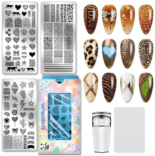 PH PandaHall 3 Stück Leoparddruck Nagelstempelplatten Tierdruck Nagelkunst Vorlagen Geometrische Linien Nagelentwurf Stempel Herz Stern Nagelkunst Schablonen für Maniküre Salon Entwurf Druck Zubehör