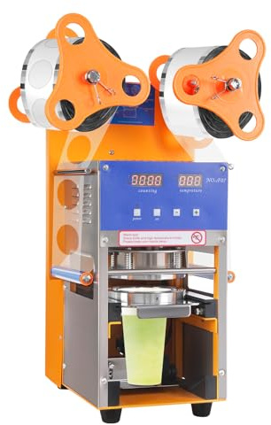 Cup Sealing Machine 400W Fully Automatic Cup Sealer 400-600 Cups/h Commercial Bubble Tea Cup Sealer with Display for 6.3in Cup Height Yellow