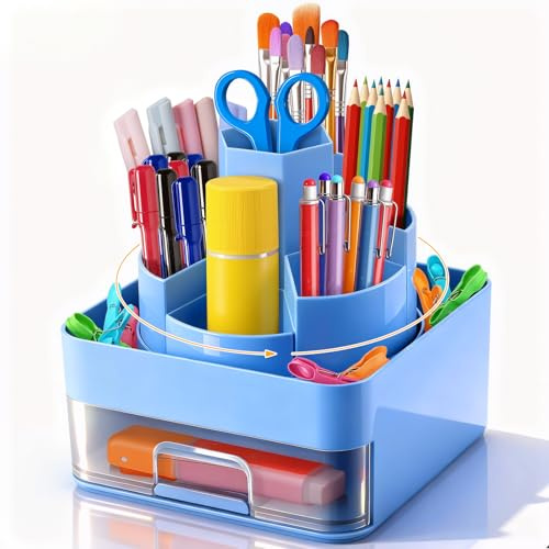 JIANTA Drehbarer Stiftehalter 360° Drehbar Upgrade Abnehmbar | Große Kapazität Schreibtisch Organizer mit Schubladen für Bleistifte, Buntstifte, Schreibwaren, Make up usw.(Blau)
