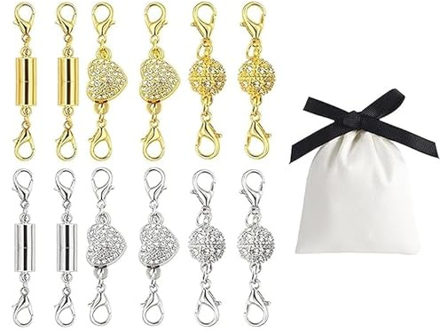 RhiVrillion Set di 12 Chiusure Magnetiche per Braccialetti e Collane - Ganci in Metallo con Magnete Forte, Decorati con Strass, Colori Oro e Argento, per Creazioni Gioielli