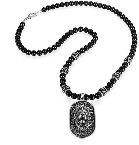 JewelryWe Schmuck Herren Biker Halskette, Edelstahl Gotik Punk Rock Löwe Kopf Dog Tag Anhänger mit Achat Onyx Perlen Kette Kugelkette, Schwarz Silber